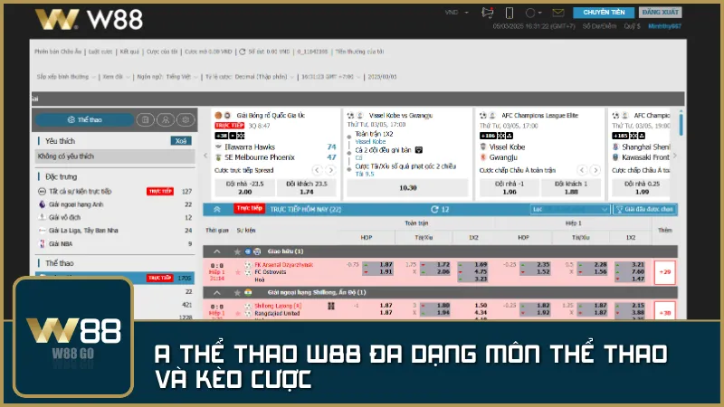 Từ bóng đá, bóng rổ đến eSports – A Thể Thao W88 mang đến kho môn thể thao và kèo cược phong phú, đáp ứng mọi đam mê cá cược của người chơi.