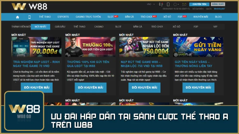 Tận dụng hàng loạt khuyến mãi hấp dẫn tại A Thể Thao W88 như thưởng chào mừng, hoàn trả không giới hạn và ưu đãi đặc biệt cho các giải đấu lớn.