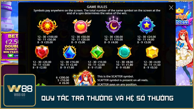 Mỗi biểu tượng có mức thưởng riêng, kết hợp với hệ số nhân có thể tăng thưởng lên hàng nghìn lần.